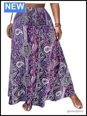 Plus Size Boho Paisley Maxi Skirt High Waist Smocked Ruffle Hem
